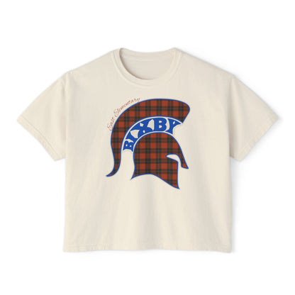 Bixby Spartans East Elementary Plaid Helmet Women's Boxy Tee – School Spirit Mom Shirt