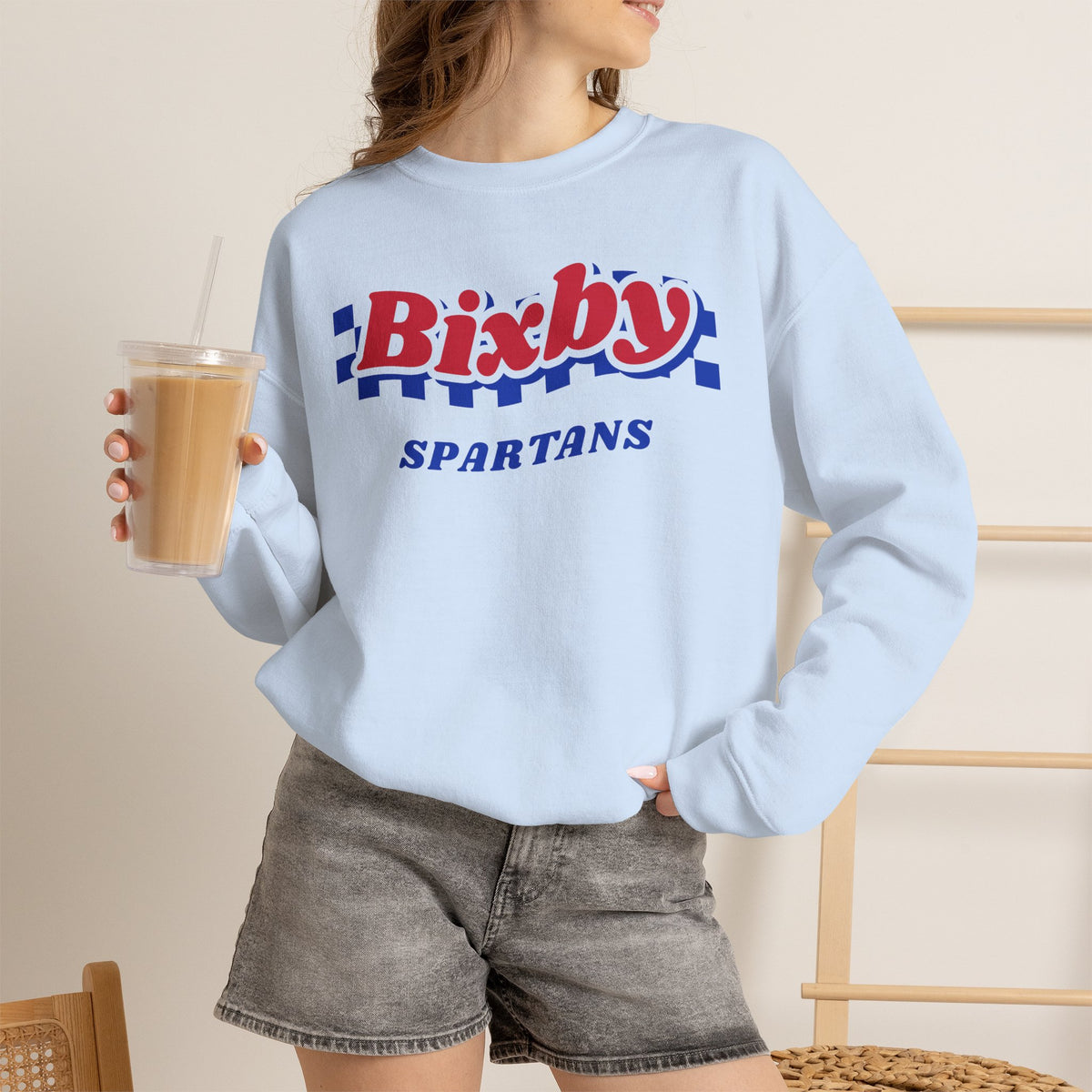 Bixby Spartans Retro Blue Checkered Script Sweatshirt – Vintage Game Day Crewneck