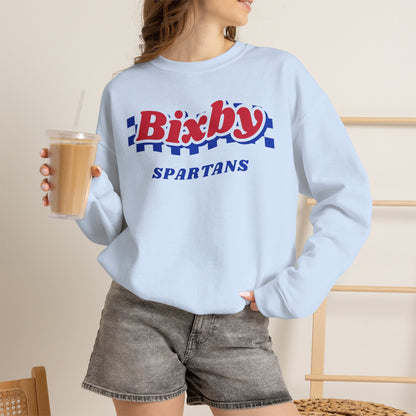 Bixby Spartans Retro Blue Checkered Script Sweatshirt – Vintage Game Day Crewneck