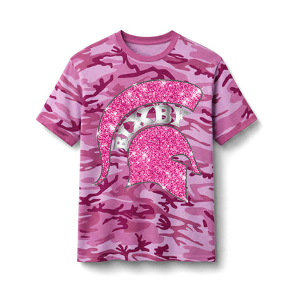 Camo Tee with Pink Glitter Spartan Helmet – Girls' Glitter Camo Shirt