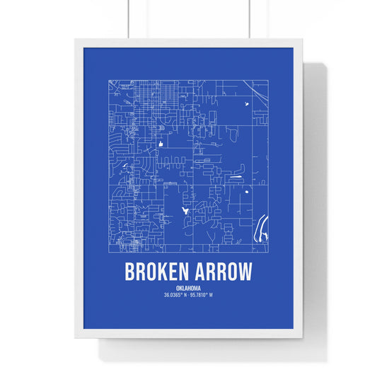 Broken Arrow Street Map Framed Print, White on Royal Blue