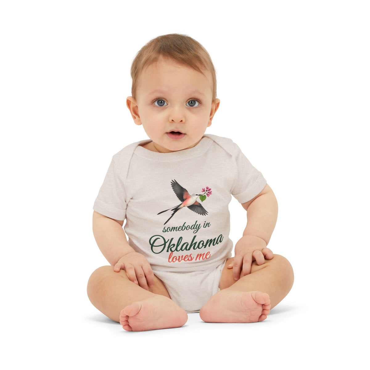 Somebody in Oklahoma Loves Me Baby Bodysuit, Heather Dust, worn on baby
