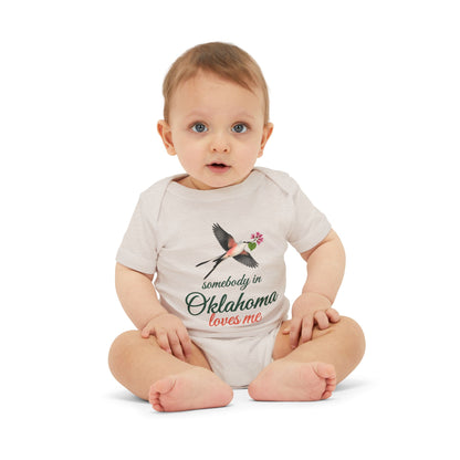Somebody in Oklahoma Loves Me Baby Bodysuit, Heather Dust, worn on baby