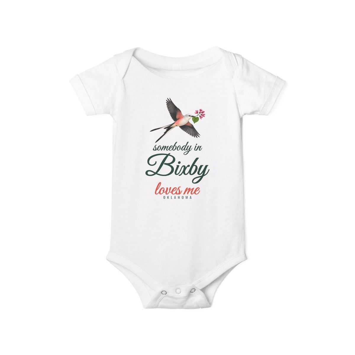 Somebody in Bixby Loves Me Baby Bodysuit, Pink, front view