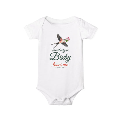 Somebody in Bixby Loves Me Baby Bodysuit, Pink, front view