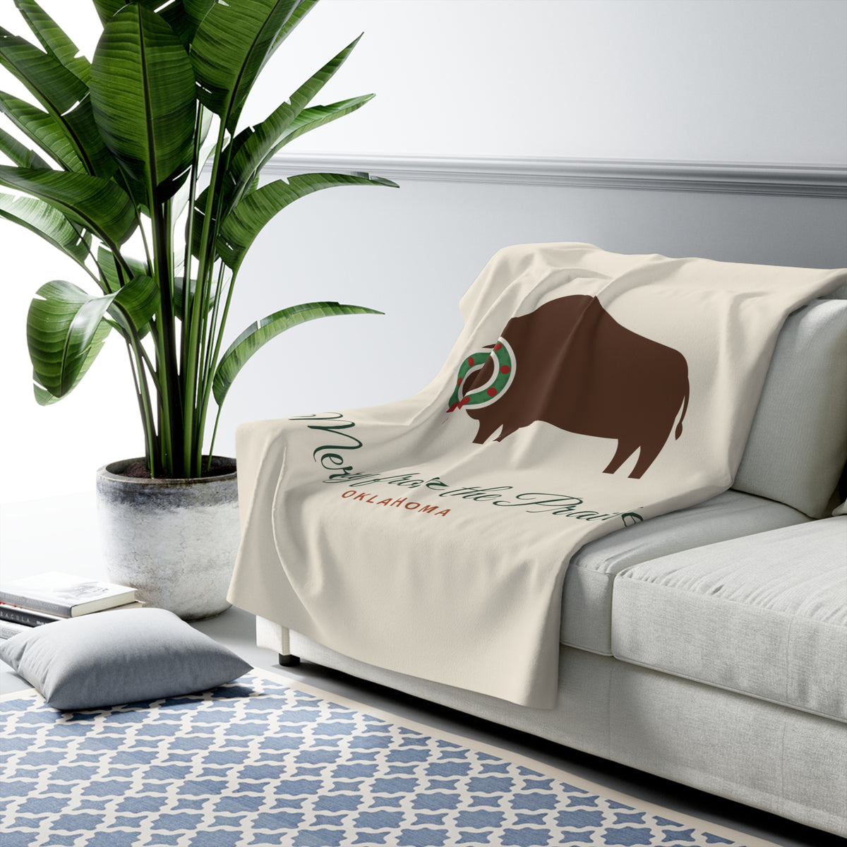 Prairie Christmas Bison Oklahoma Sherpa Fleece Blanket