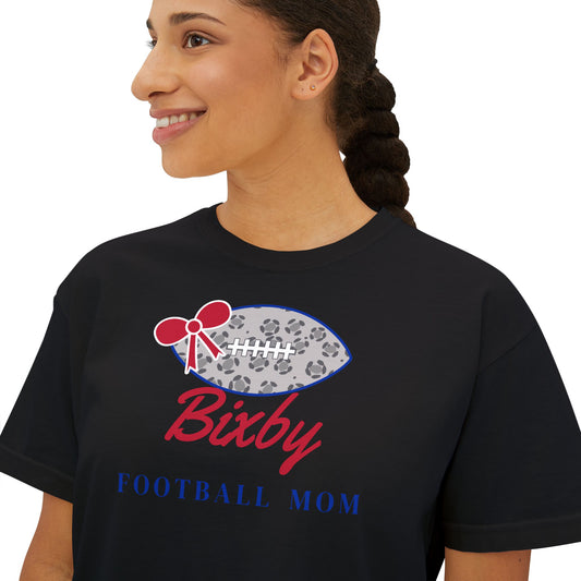 Bixby Spartans Football Mom Women's Boxy Tee – Leopard Football & Bow, Navy Lettering