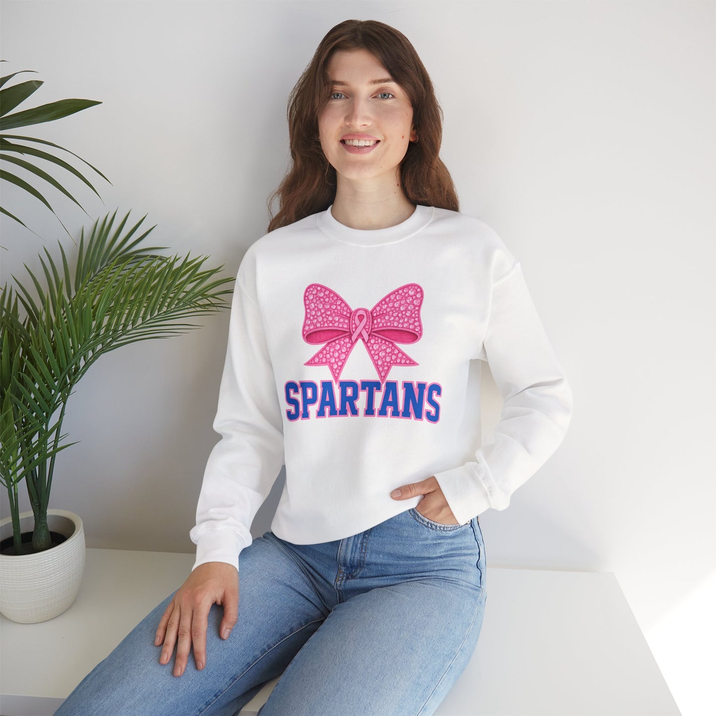 Spartan Pink Bow Cancer Awareness Gildan Sweatshirt