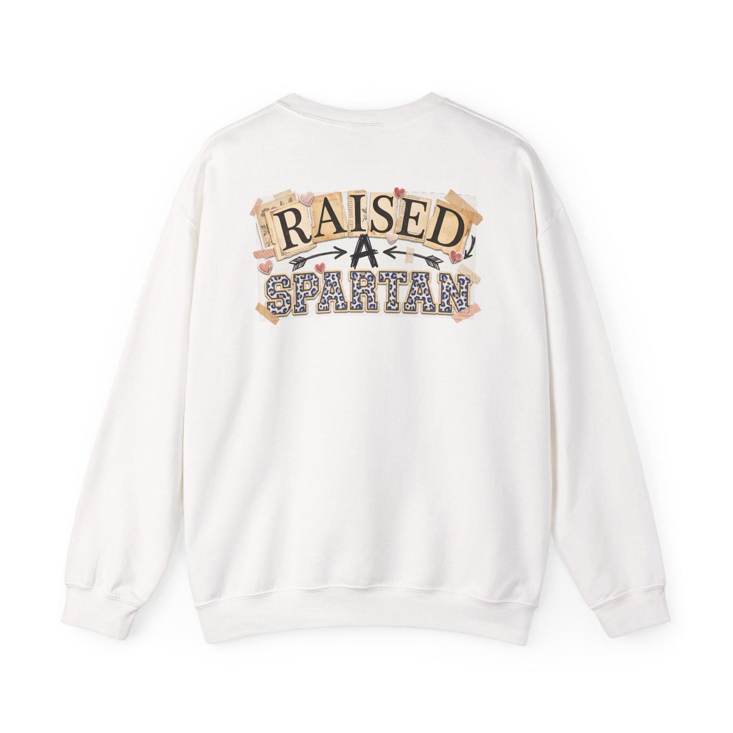 Raised A Spartan Crewneck Gildan Sweatshirt with Spartan Logo