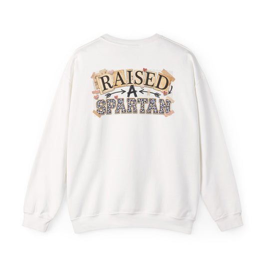 Raised A Spartan Crewneck Gildan Sweatshirt with Spartan Logo