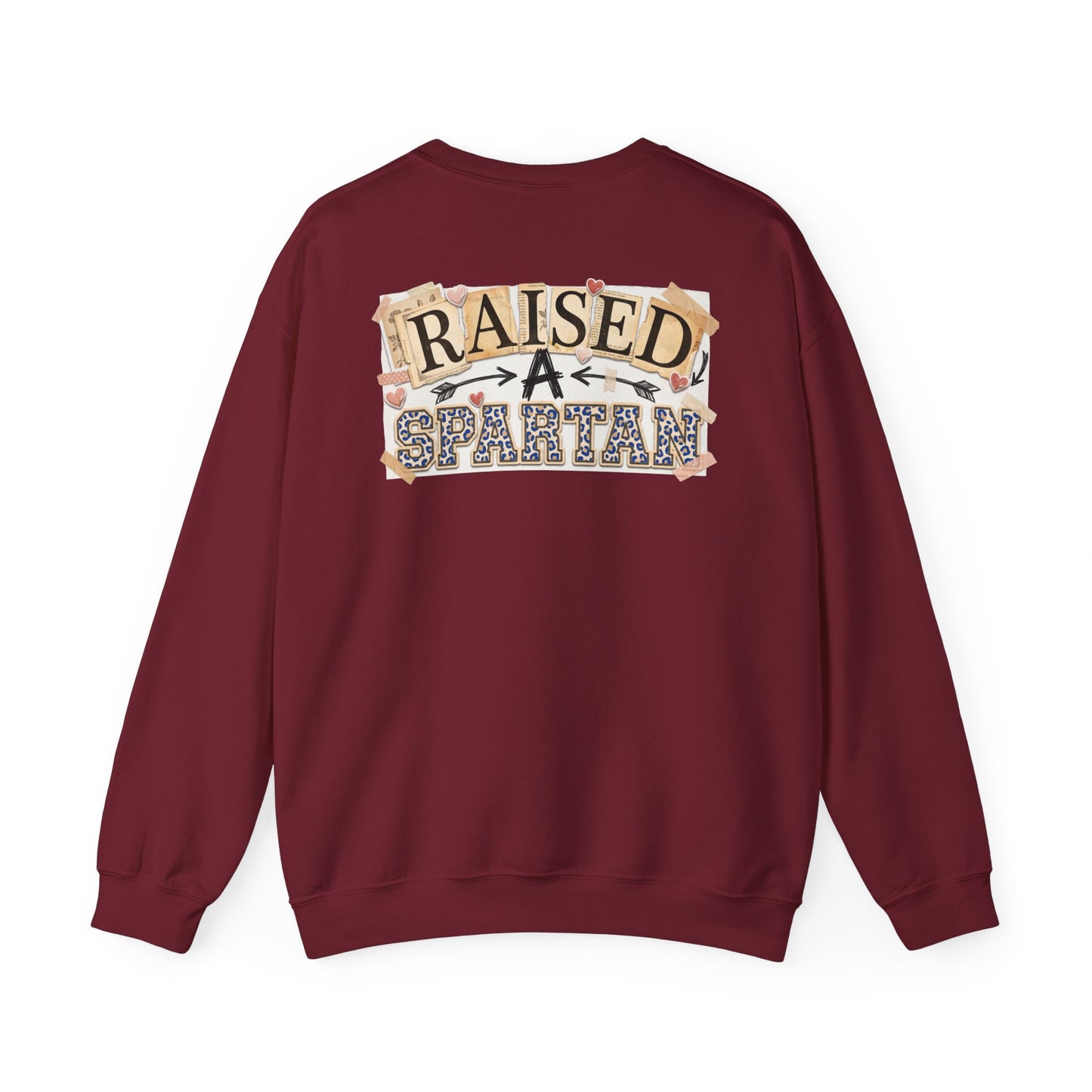 Raised A Spartan Crewneck Gildan Sweatshirt with Spartan Logo