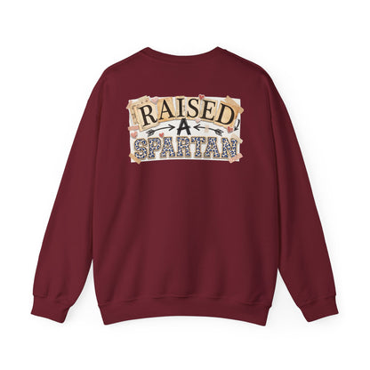 Raised A Spartan Crewneck Gildan Sweatshirt with Spartan Logo