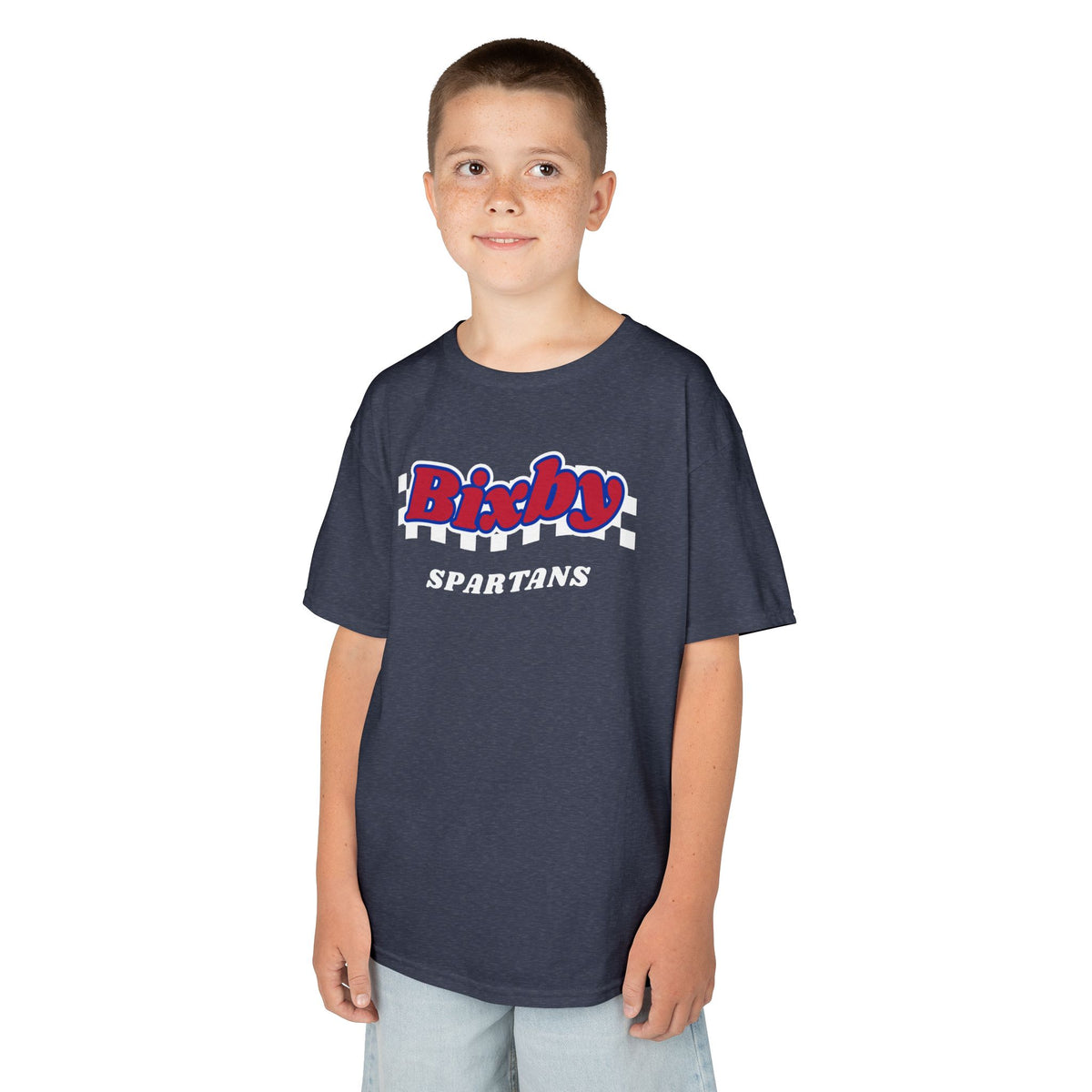 Bixby Spartans Retro Script Checkered Youth Tee – Kids Red, White & Blue Game Day Shirt