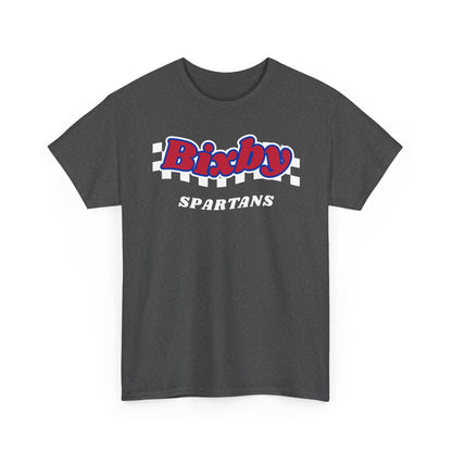 Bixby Spartans Retro Script Checkered Tee – Red, White & Blue Game Day Shirt
