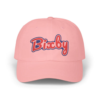Embroidered "Bixby" Classic Dad Cap — White Retro Script Baseball Hat