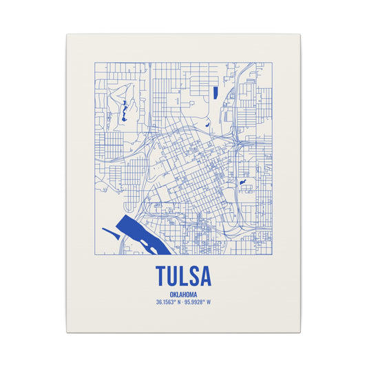 Tulsa Street Map Canvas, Royal Blue on Cream