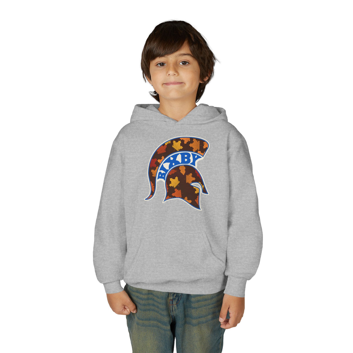 Bixby Spartans Fall Leaves Helmet Youth Hoodie – Kids Autumn Game Day Hoodie