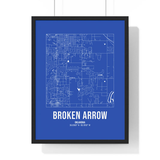 Broken Arrow Street Map Framed Print, White on Royal Blue