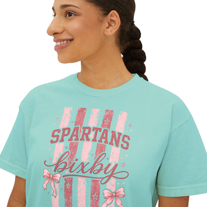Spartans Bixby Women's Boxy Tee Pink Vintage Stripe Cheer Shirt