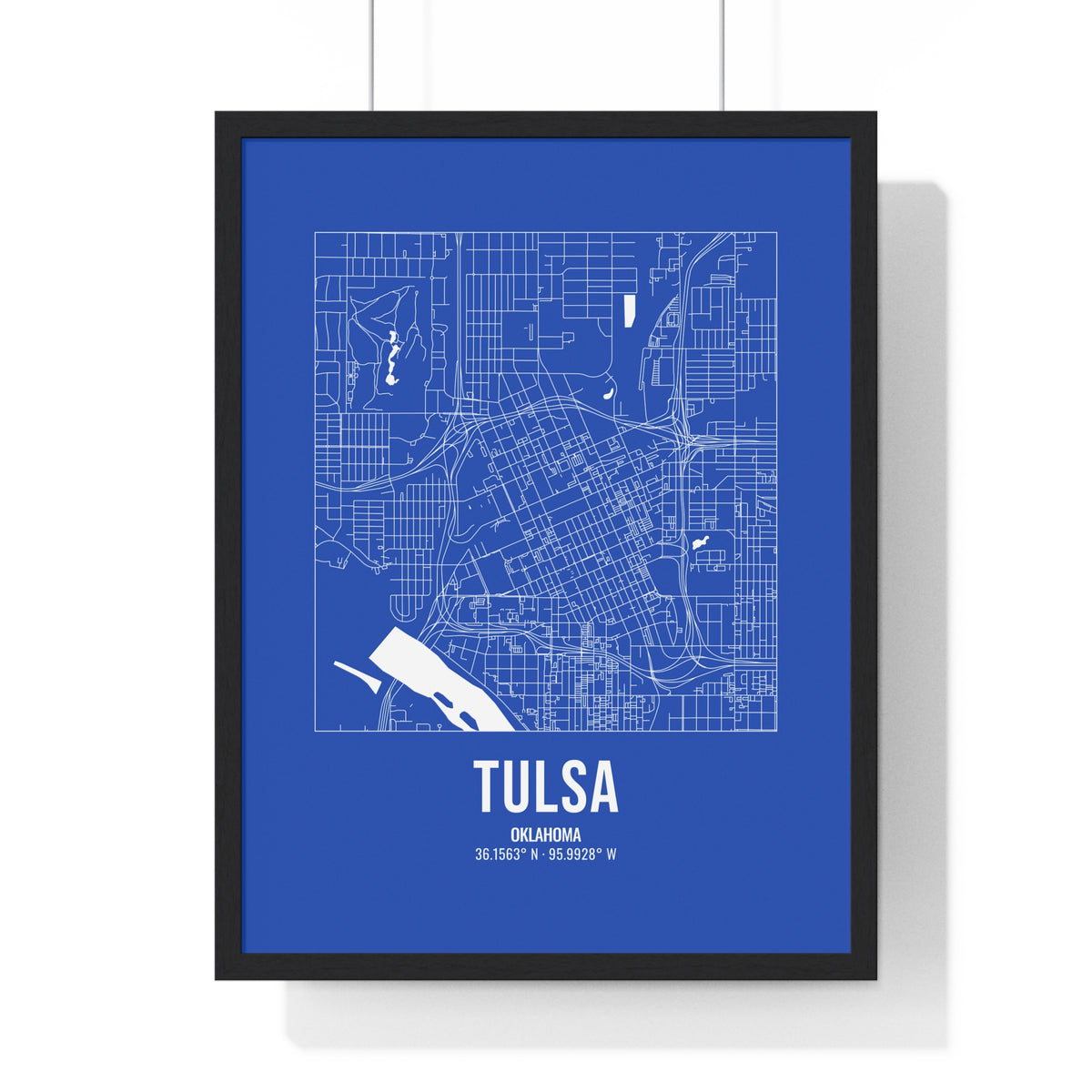 Tulsa Street Map Framed Print, White on Royal Blue