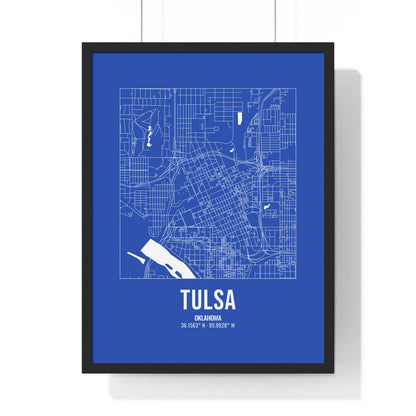 Tulsa Street Map Framed Print, White on Royal Blue