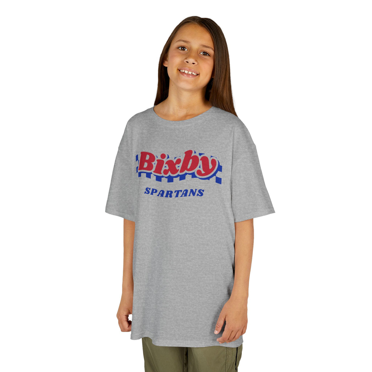 Bixby Spartans Retro Blue Checkered Script Youth Tee – Kids Vintage Game Day Shirt