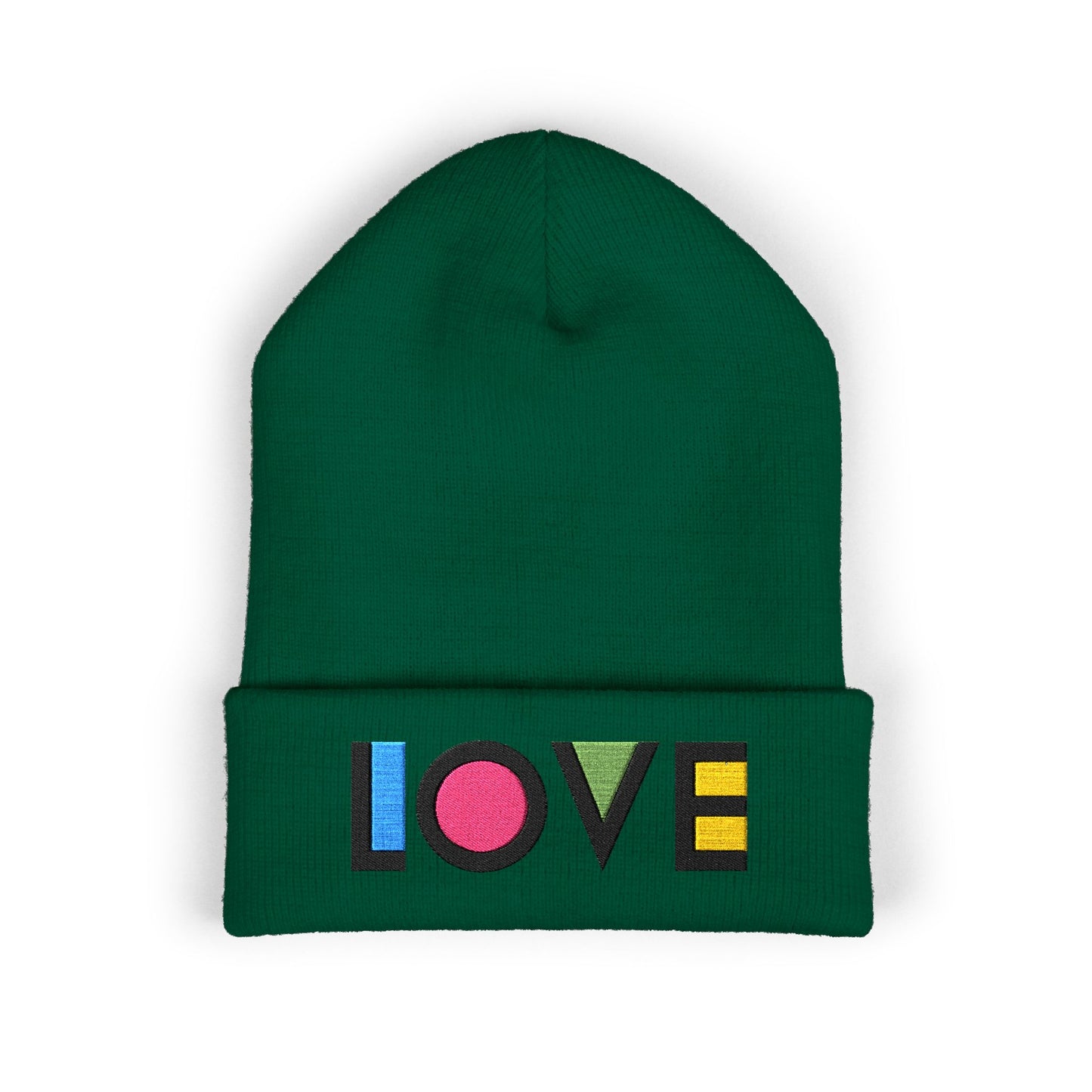 LOVE Embroidered Cuffed Beanie — Colorful Retro Knit Hat for Pride & Everyday Wear