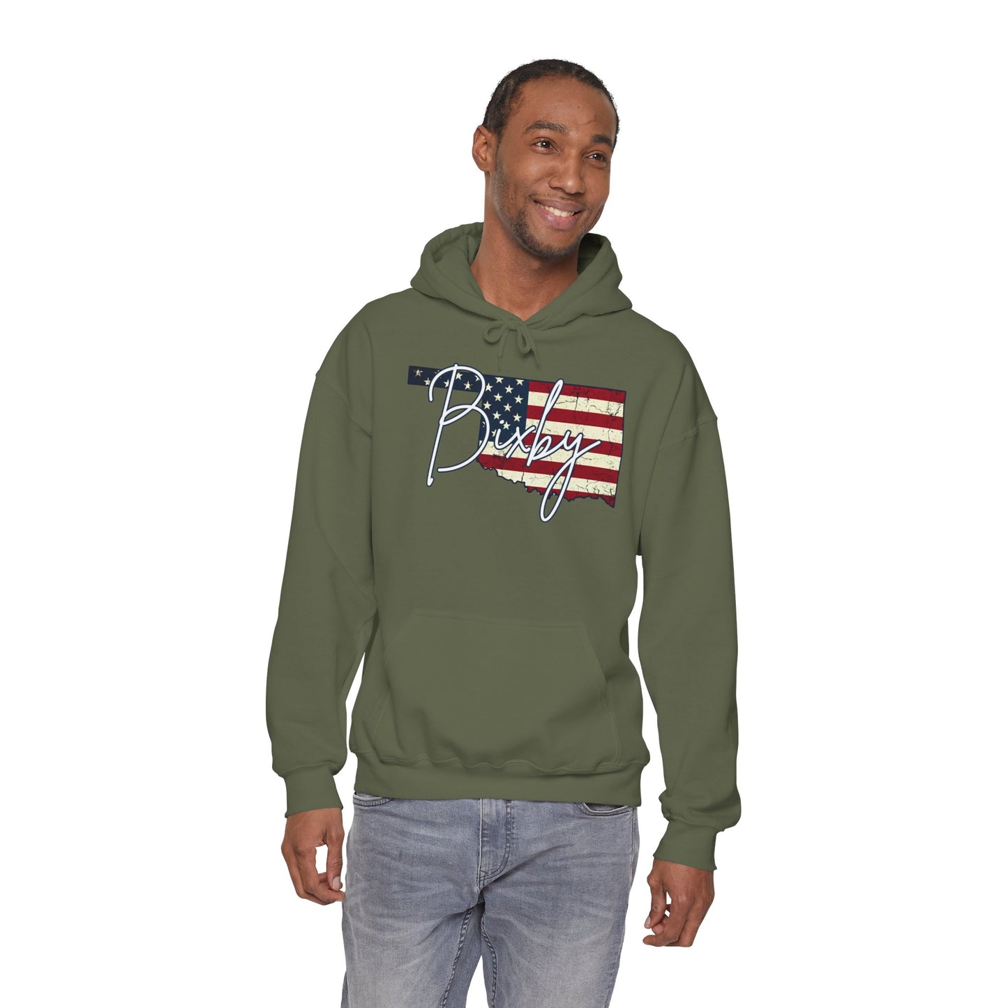 Oklahoma Flag Hoodie with "Bixby" Script Gildan Hoodie
