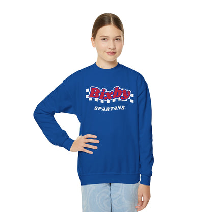 Bixby Spartans Retro Script Checkered Youth Sweatshirt – Kids Game Day Crewneck
