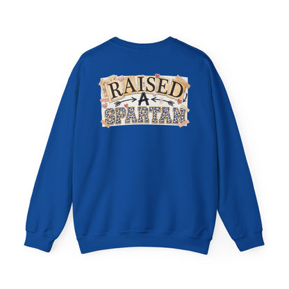 Raised A Spartan Crewneck Gildan Sweatshirt with Spartan Logo