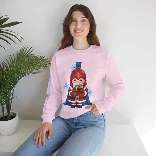 Spartan Santa Gildan Sweatshirt With James 1:17 "Every Good and Perfect Gift" Sleeve Print