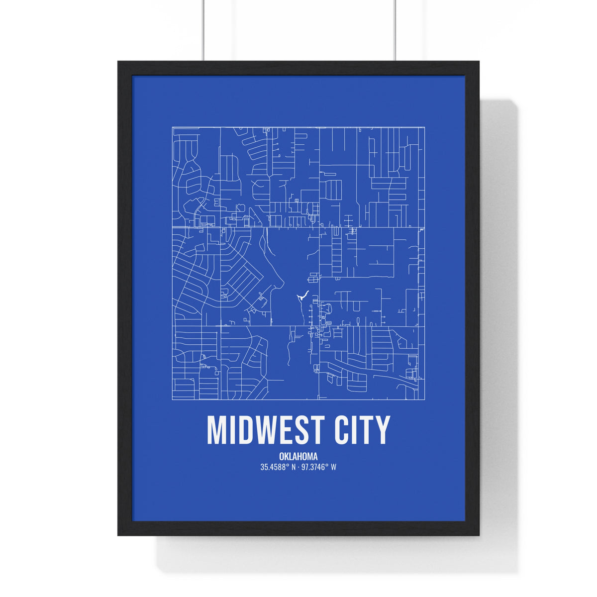Midwest City Street Map Framed Print, White on Royal Blue
