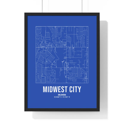 Midwest City Street Map Framed Print, White on Royal Blue