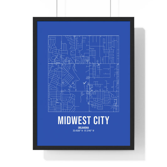 Midwest City Street Map Framed Print, White on Royal Blue