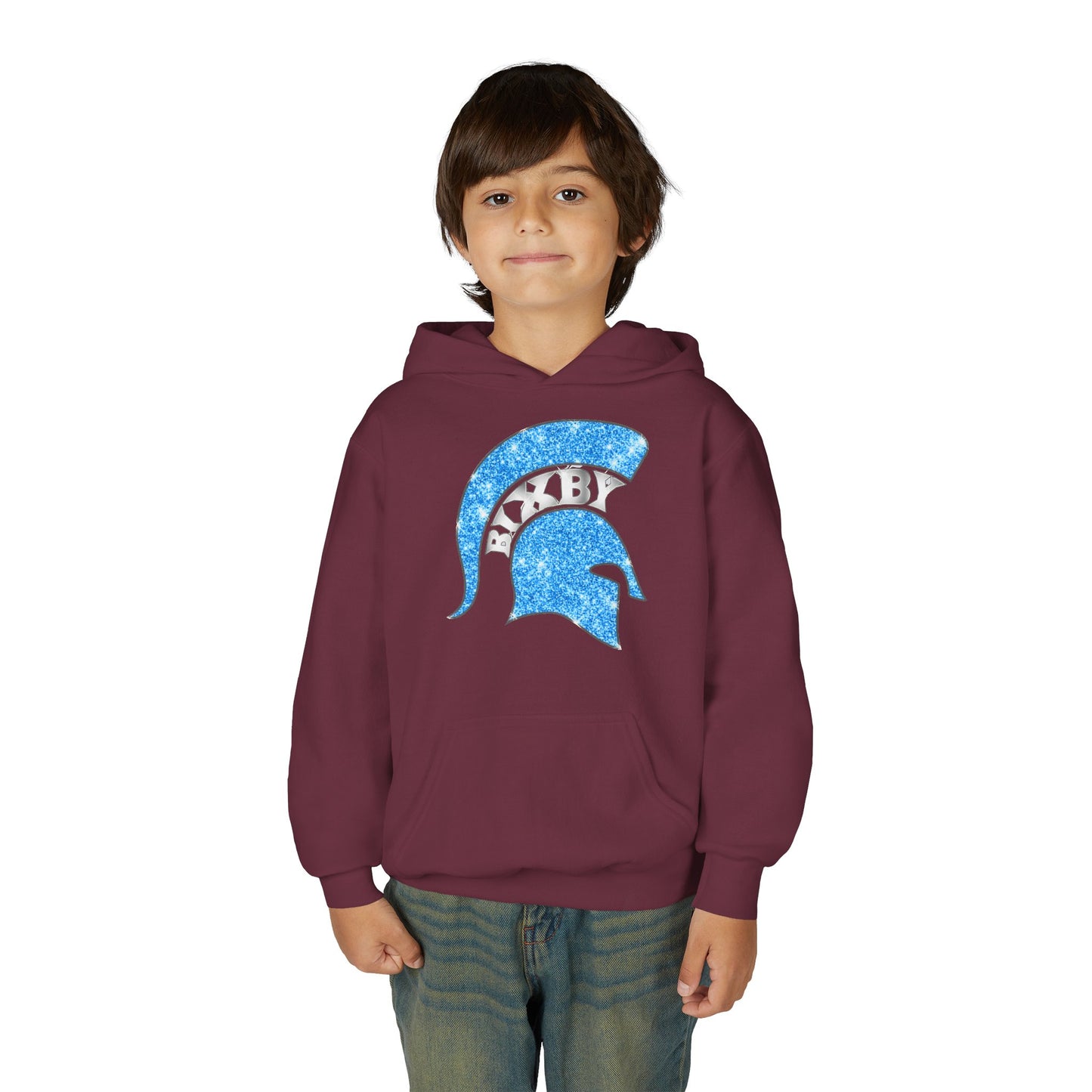 Bixby Spartan Blue Helmet Bling Youth Gildan Hoodie
