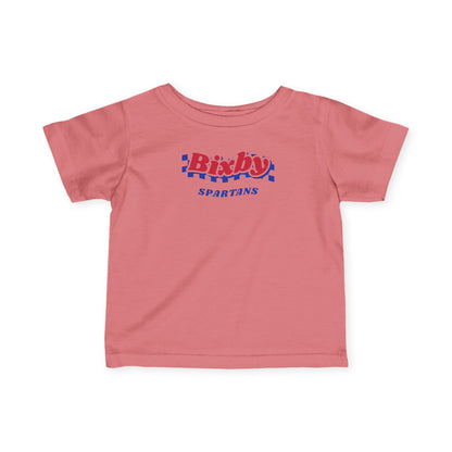 Bixby Spartans Retro Blue Checkered Script Infant Tee – Baby Vintage Spartan Shirt