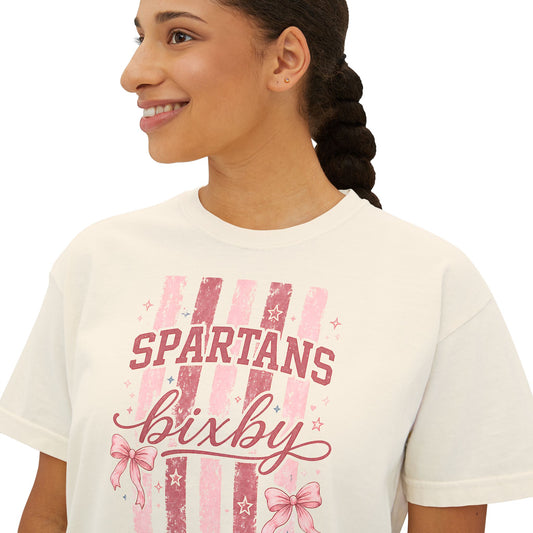Bixby Spartans Bixby Boxy Pink Vintage Stripe Cheer Tee