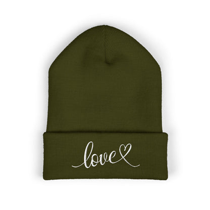 Embroidered Love Cuffed Beanie Cozy Knit Hat with Heart Script