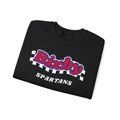 Bixby Spartans Retro Script Checkered Sweatshirt – Red, White & Blue Game Day Crewneck