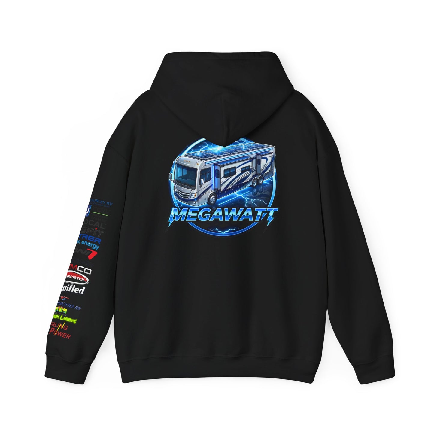 RV Megawatt Hoodie — Retro Camper Graphic Pullover with Sponsor Sleeve Logos
