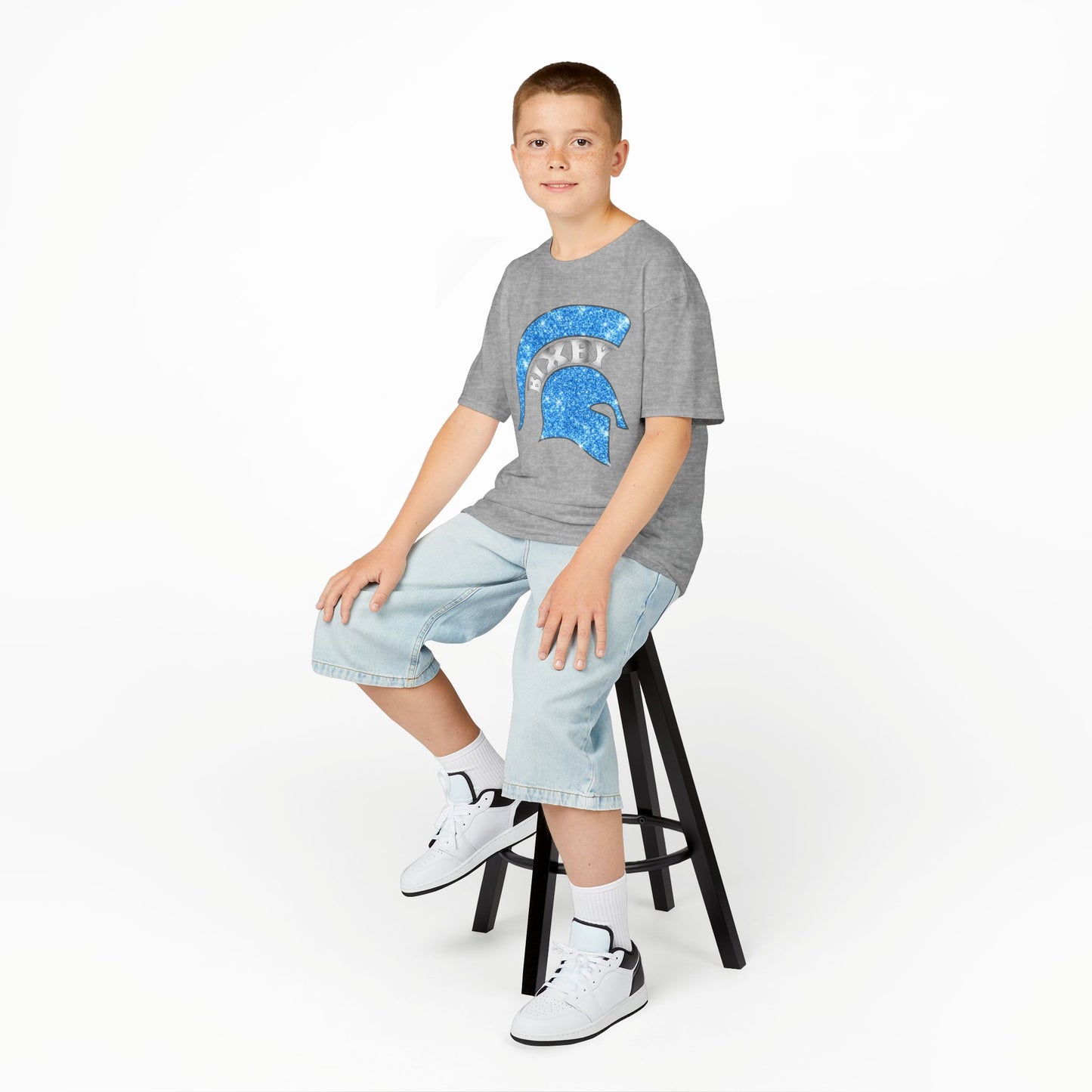 Bixby Spartan Blue Helmet Bling Youth Gildan Tee