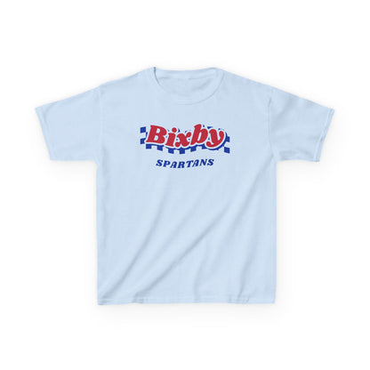 Bixby Spartans Retro Blue Checkered Script Youth Tee – Kids Vintage Game Day Shirt