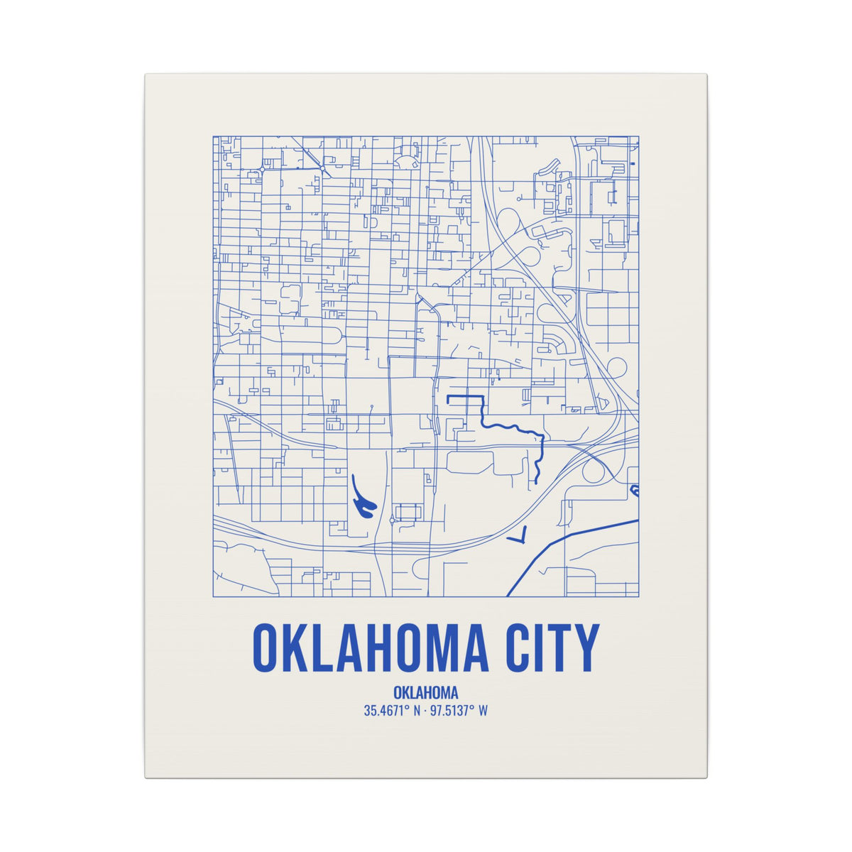 Oklahoma City Street Map Canvas, Royal Blue on Cream