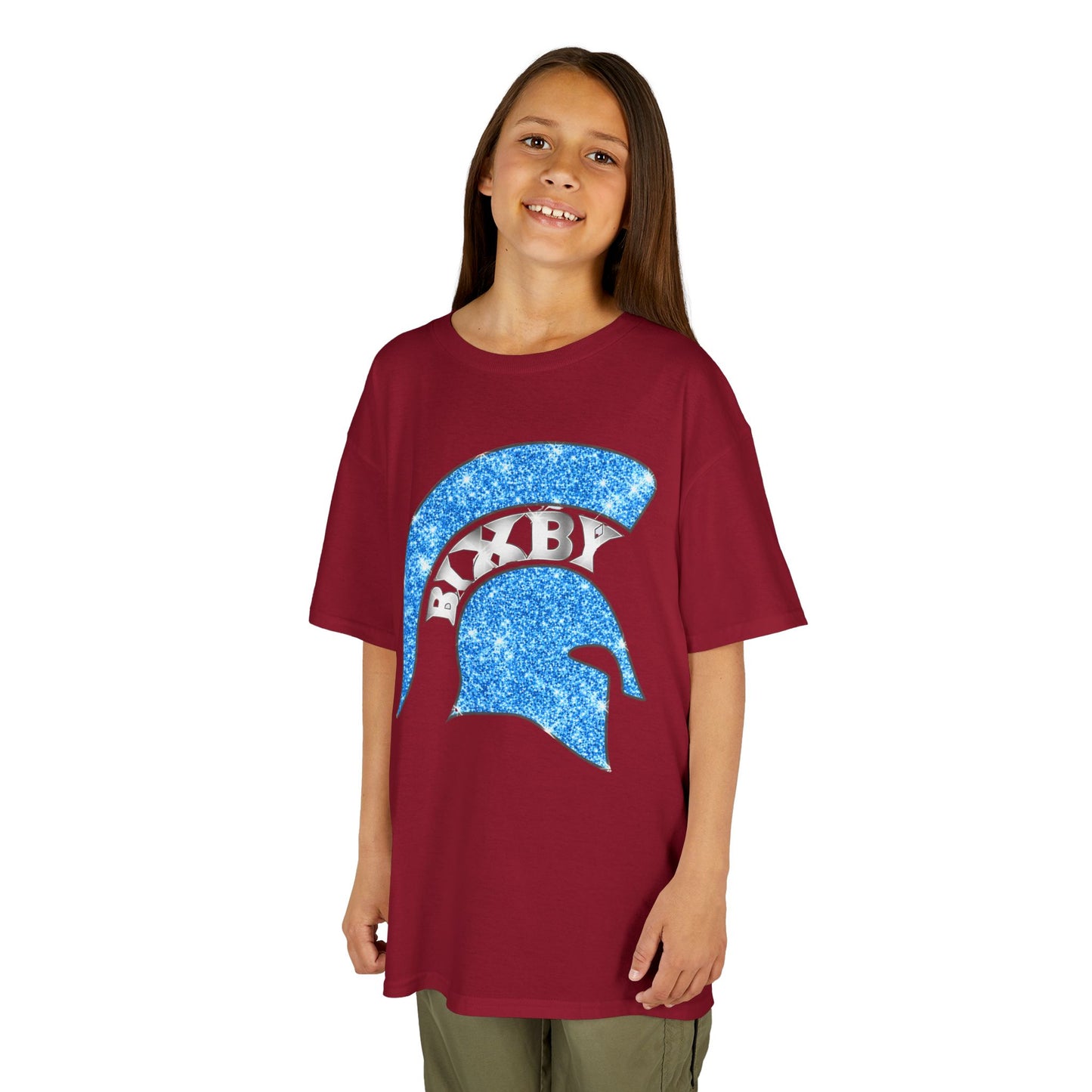 Bixby Spartan Blue Helmet Bling Youth Gildan Tee