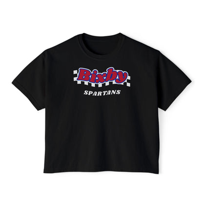 Bixby Spartans White Checker Retro Logo Women's Boxy Tee – Game Day Shirt