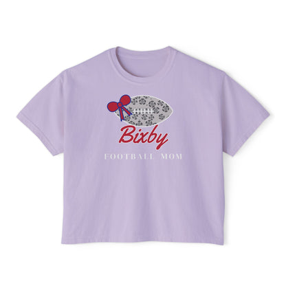 Bixby Spartans Football Mom Women's Boxy Tee – Leopard Football & Bow, White Lettering