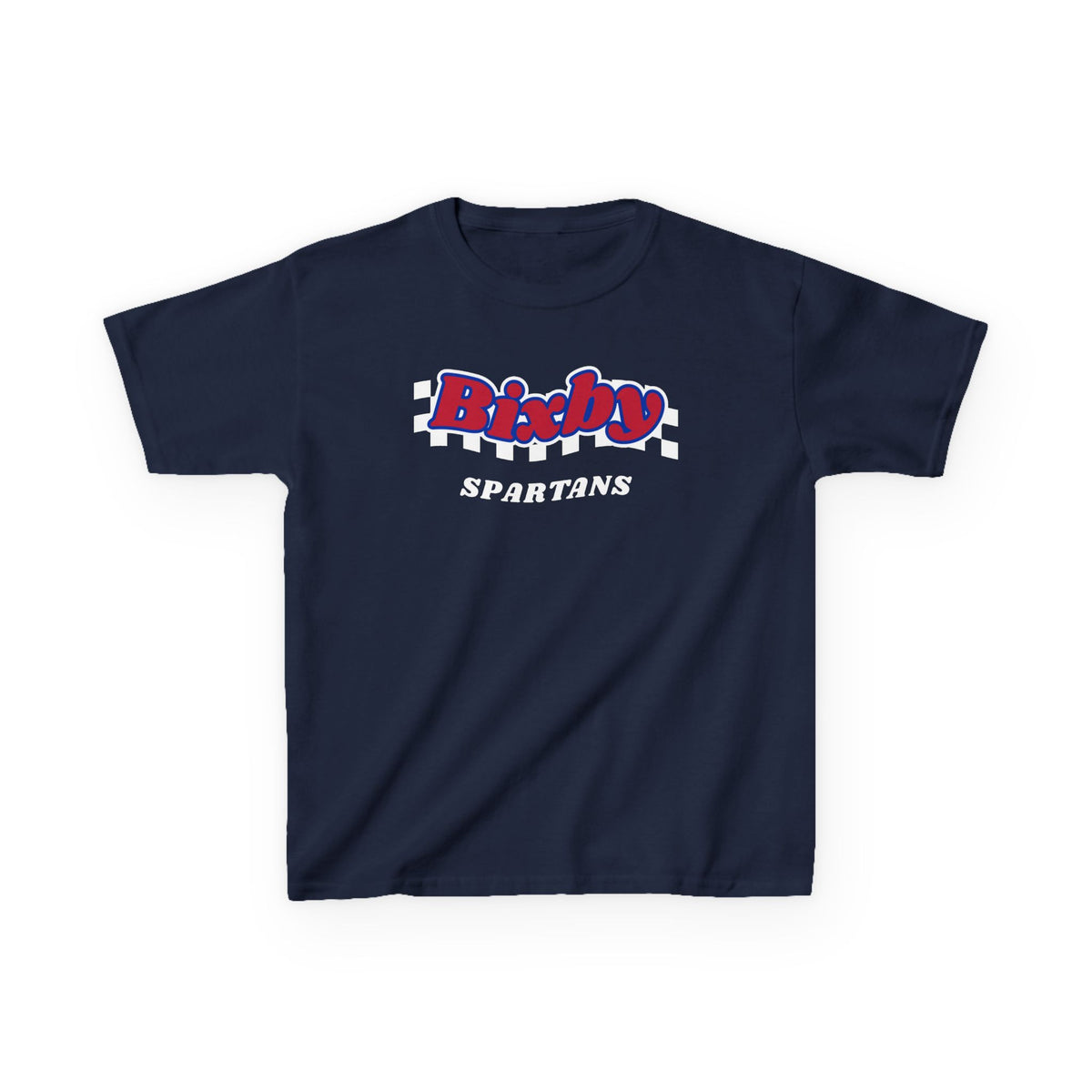 Bixby Spartans Retro Script Checkered Youth Tee – Kids Red, White & Blue Game Day Shirt