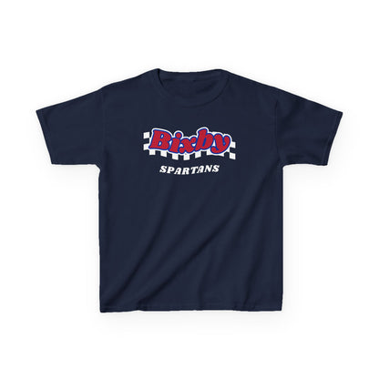 Bixby Spartans Retro Script Checkered Youth Tee – Kids Red, White & Blue Game Day Shirt