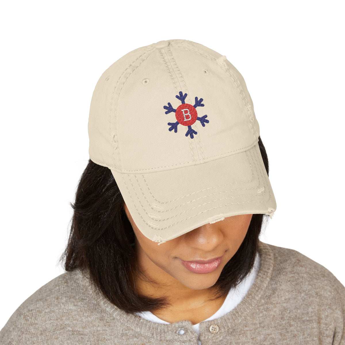 Bixby Spartans Snowflake B Distressed Dad Hat, Winter Embroidered