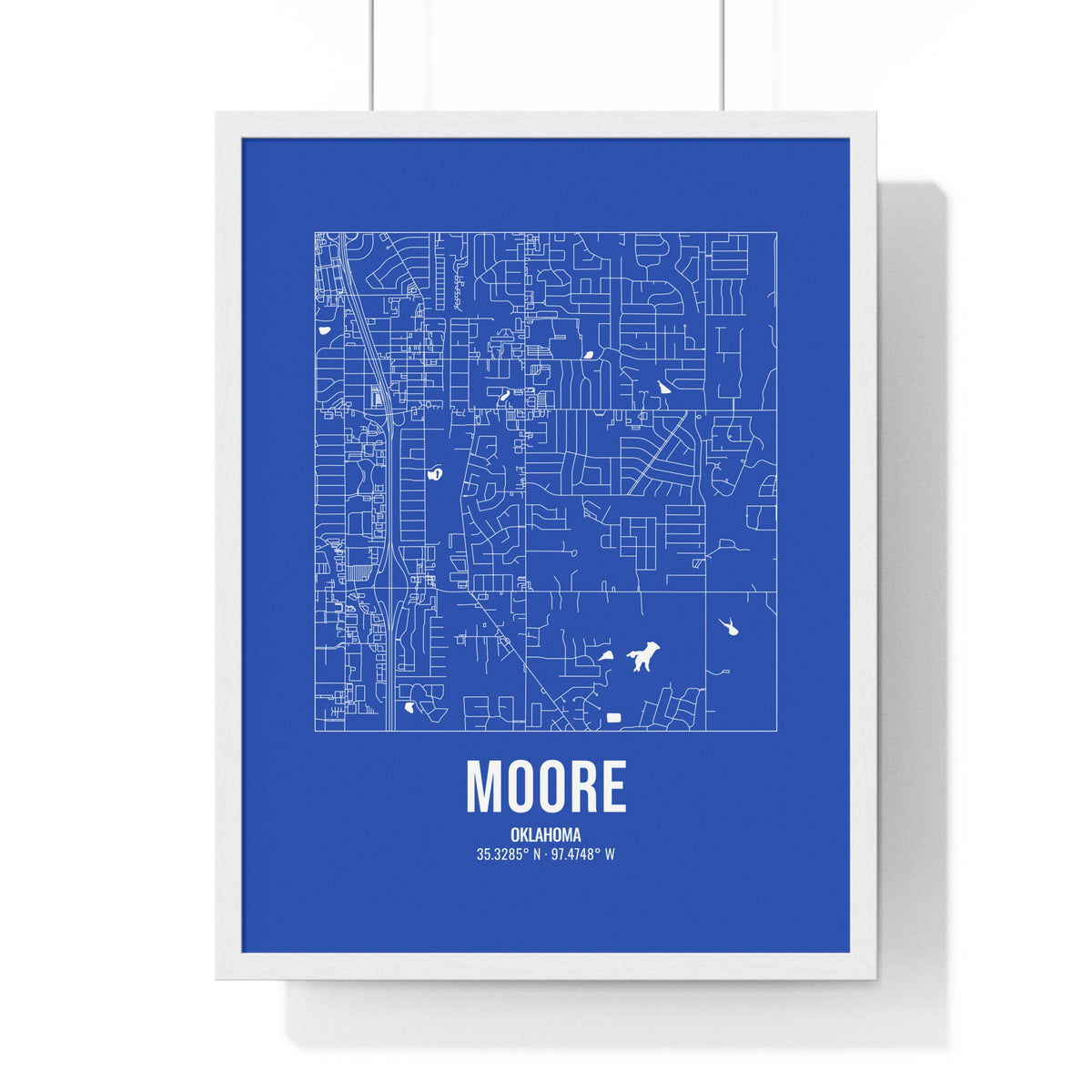 Moore Street Map Framed Print, White on Royal Blue